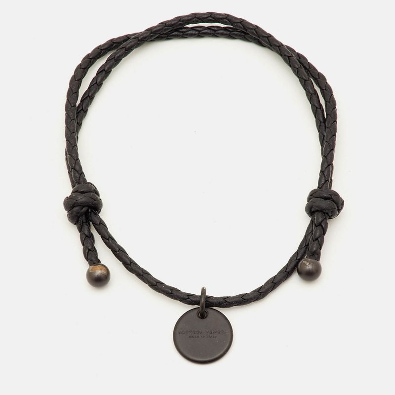 Bottega Veneta Braided Leather Gunmetal Tone Adjustable Bracelet